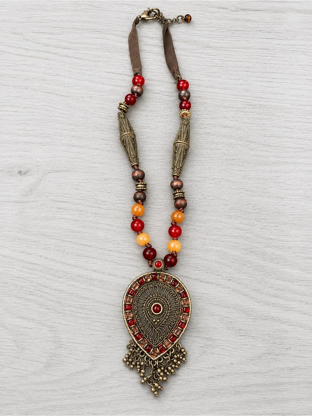 S10 Boho Statement Necklace Red Orange Beaded Ornate Pendant
